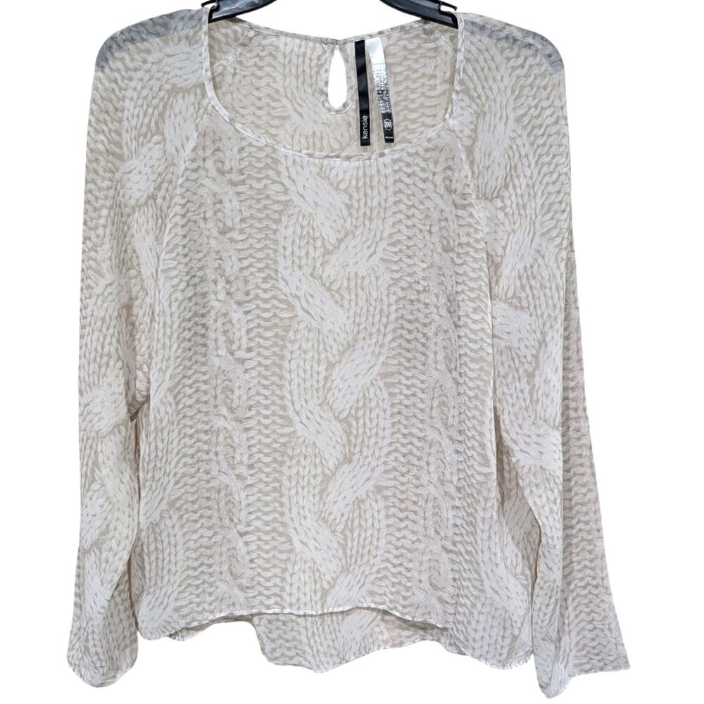 Kensie Chiffon Sweater Knit Pattern Long Sleeve Top sz M Beige Anthropologie